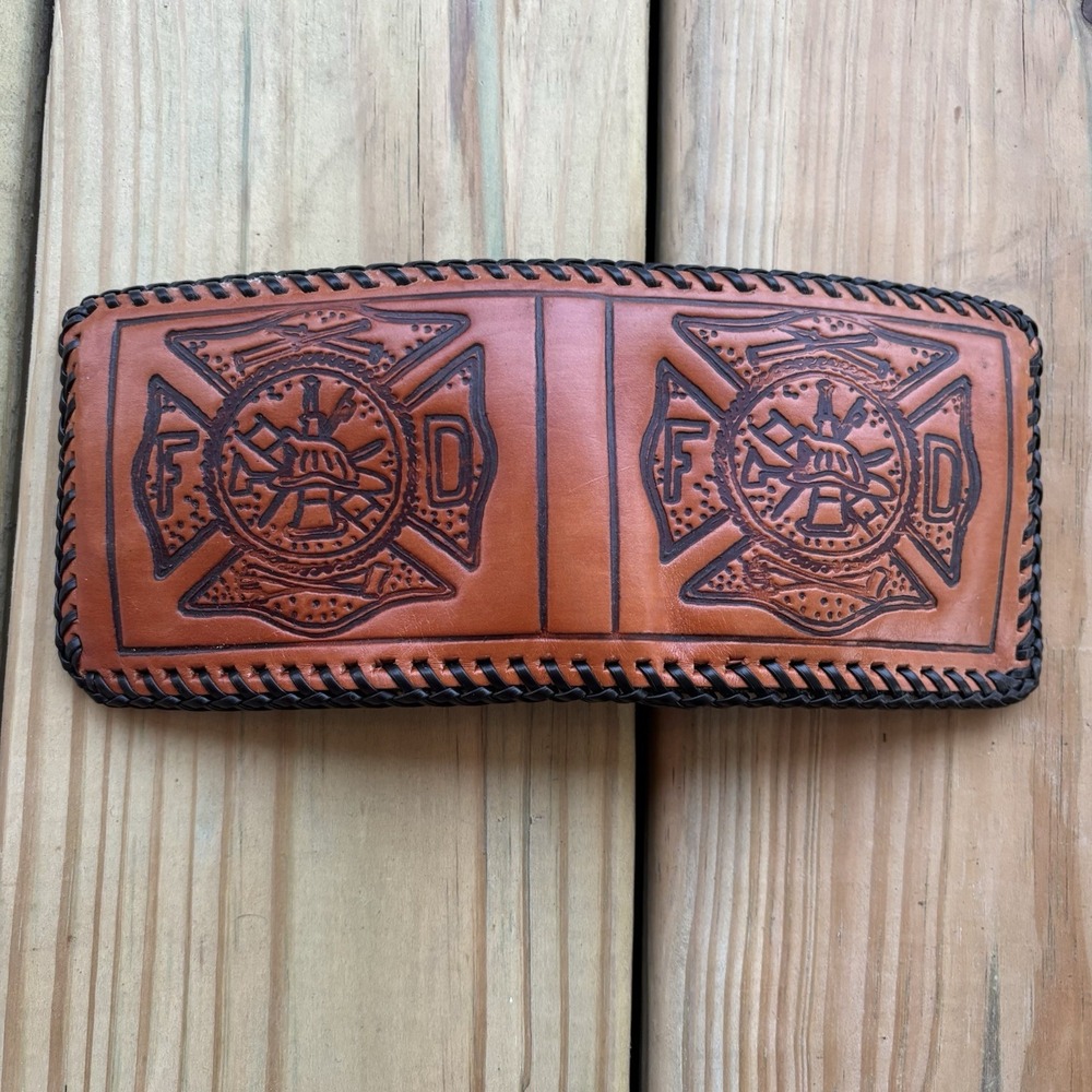 Vintage Bifold Leather Wallet Hand Tooled Whipstitch USA Made Fire Department